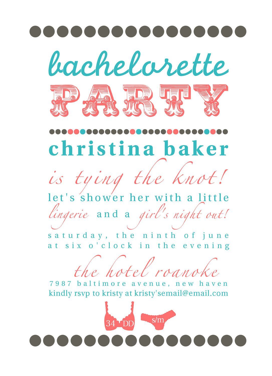 Coral & Teal Bachelorette Party Invitation Printable Design.