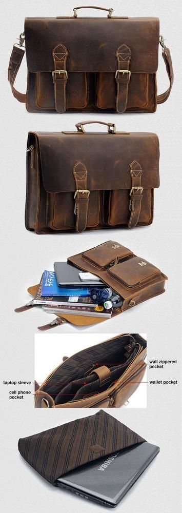 Mens Vintage Handmade Crazy Horse Leather Briefcase / Messenger Bag — with a 14