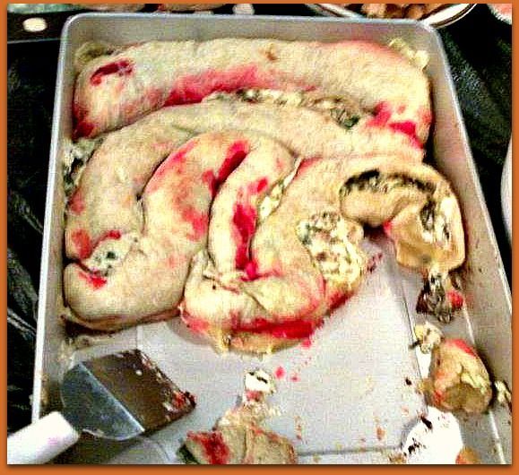Spinach/Artichoke stuffed intestines BLECH! LOL! Zombie Party ideas (food, decor