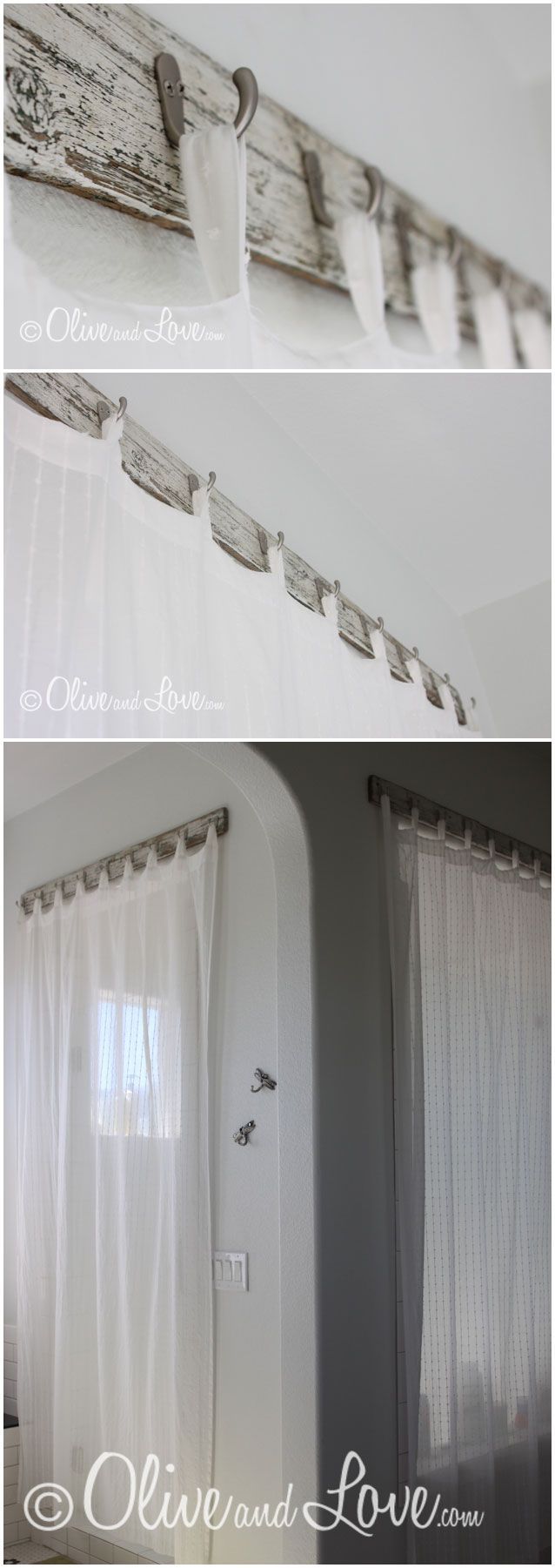 CURTAINS :: Hang curtains the new way! Scrap wood from an old bench, cheap hooks