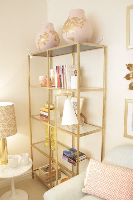 IKEA Vittsjo spray painted gold- add mirror to the bottom shelf AND top shelf!