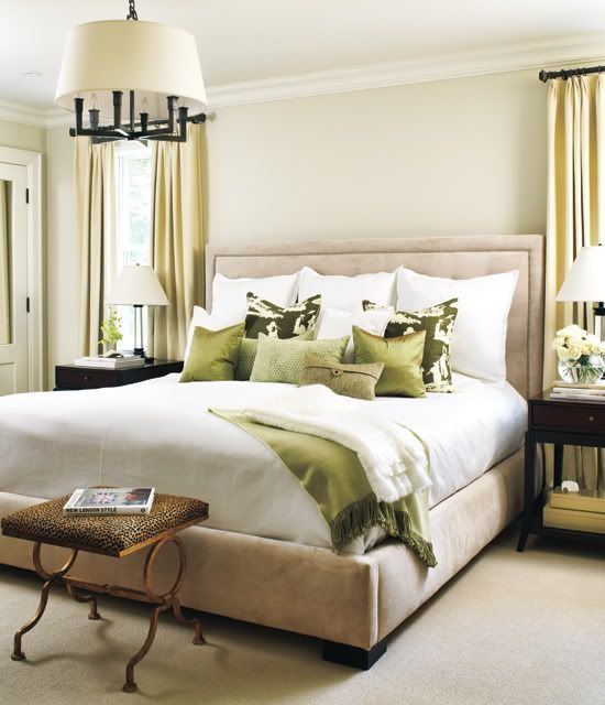 Love the bed and the neutral palette, with the green accents. Also like the blac
