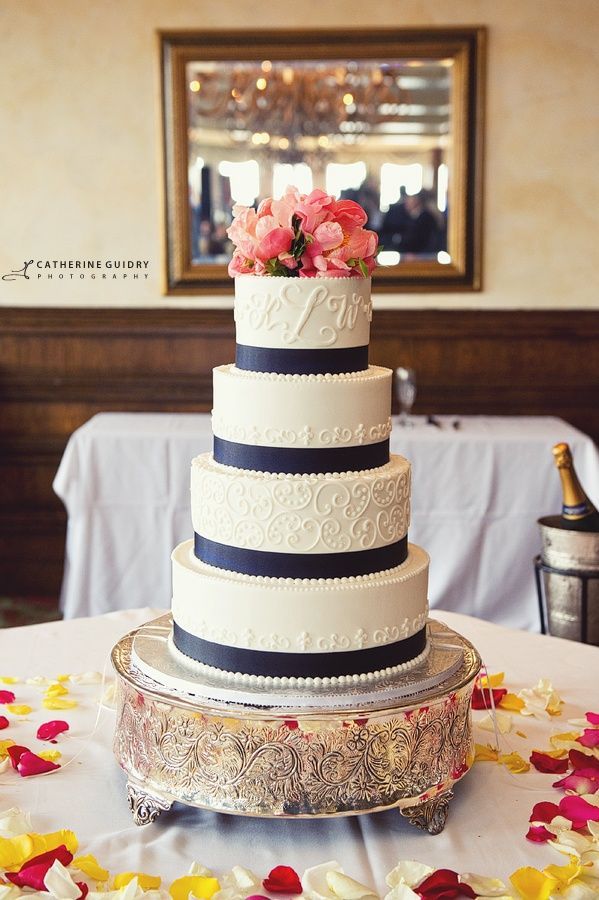 Navy Blue And Coral Wedding | Wedding Cake With Coral Flowers and Navy Blue Ribb