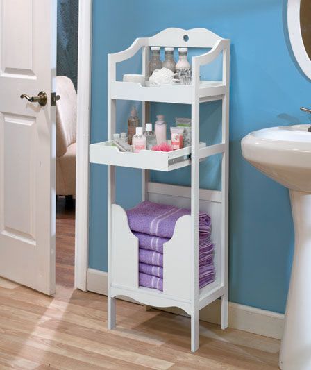 Perfect bathroom organizer with a pull-out shelf.