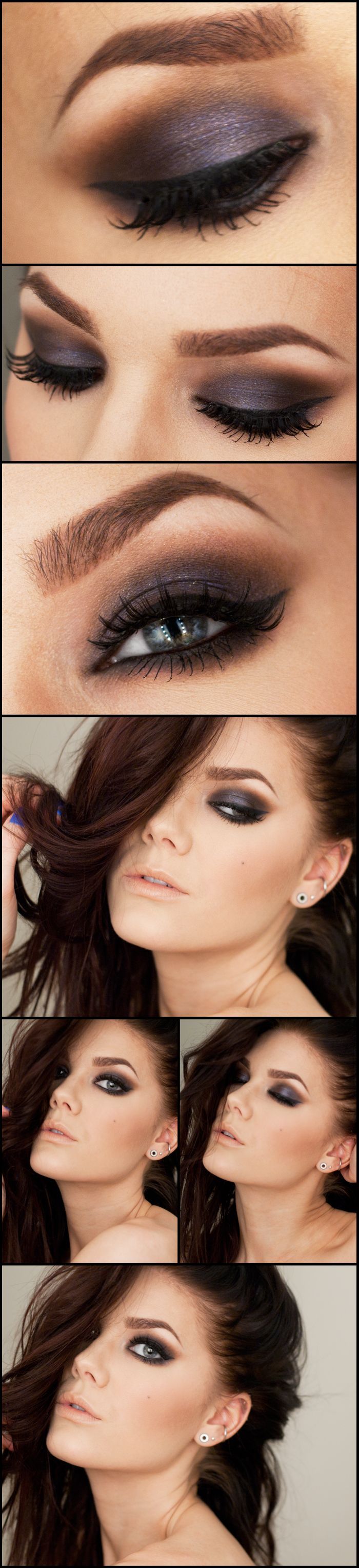 Purple Toned brown smokey eye makeup look and natural nude lip by makeup artist