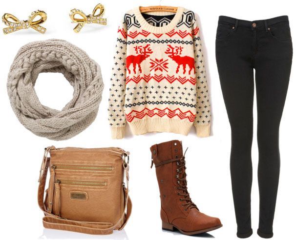 How to style a holiday sweater for day with black skinny jeans brown combat boot