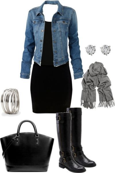 Black dress, denim jacket, grey jewelry, gray scarf, black boots outfit