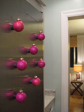 glue magnets to ornaments for a fun way to decorate your fridge