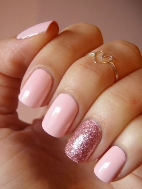 Pink and glitter nails fashion girly nails pink heart glitter ring