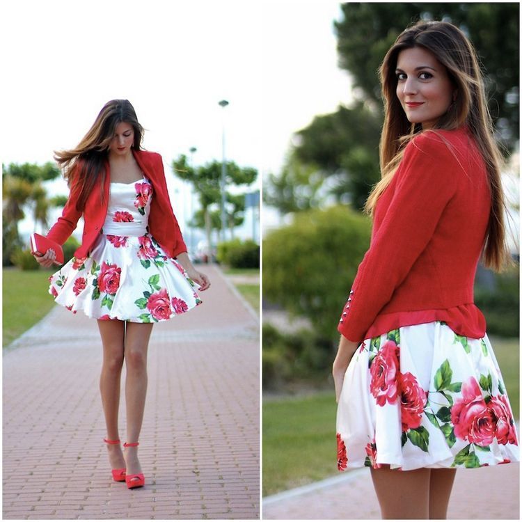 Red Rose Print Skater Dress