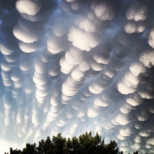 A rare cloud formation called a mammatus, where clouds take on a  bubble-like sh