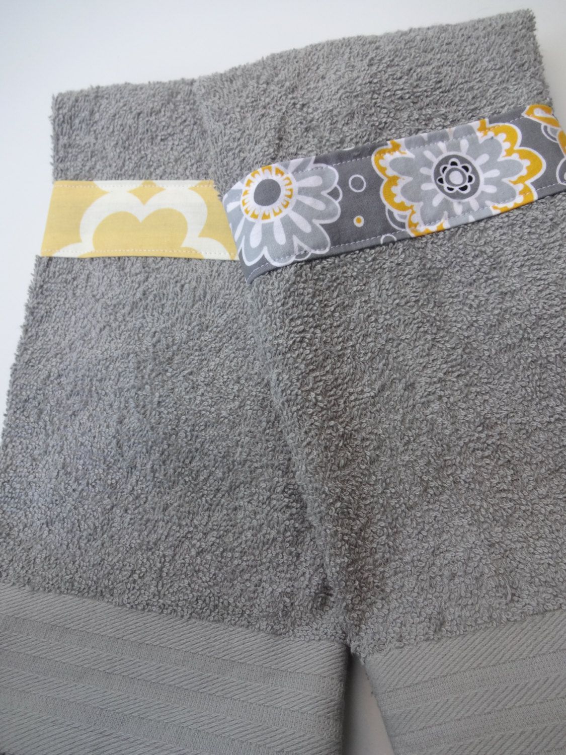 Grey and Yellow bathroom hand towel with StayPut snaps, hanging towel, Yellow ba