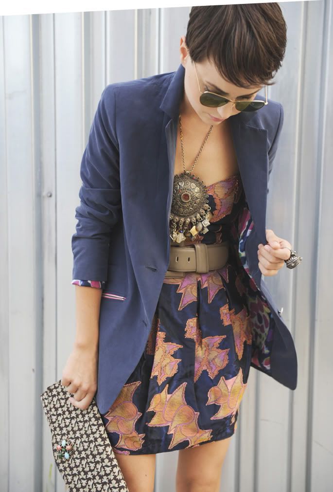 Short dress with blazer, coupled with pretty accessories.  This look is perfect