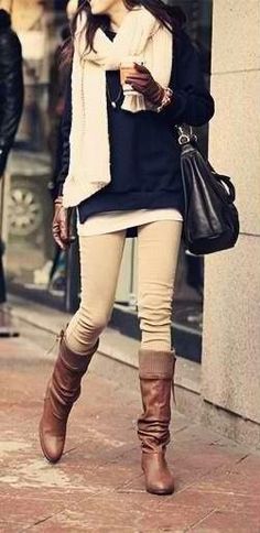 Fall / Autumn #outfit: layered neutrals over skinnies with brown boots. #teen #f