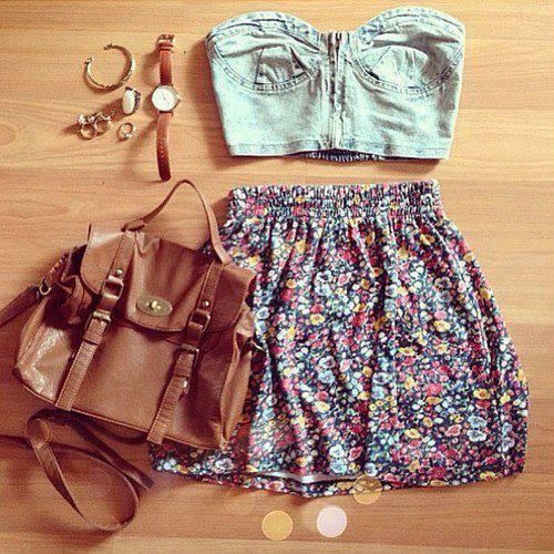 Floral Skirt and Denim Crop Top w/leather bag and accessories- this is really cu