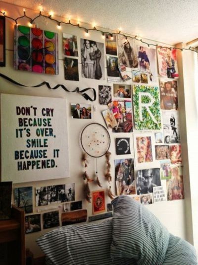 Pictures, pictures everywhere! Use 3M strips or poster putty to attach your wall