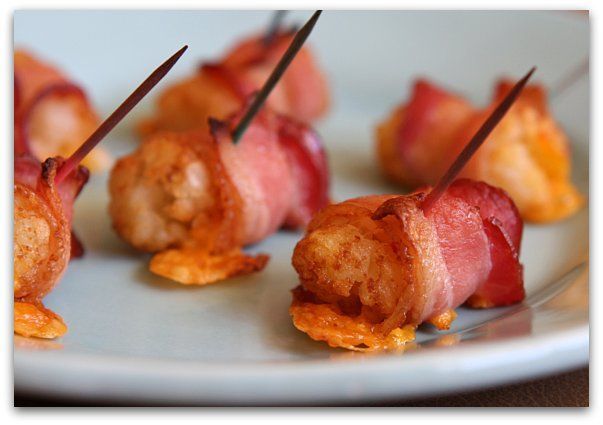 Tator tots? Not wedding food. Tator tots wrapped in bacon? Best wedding food eve