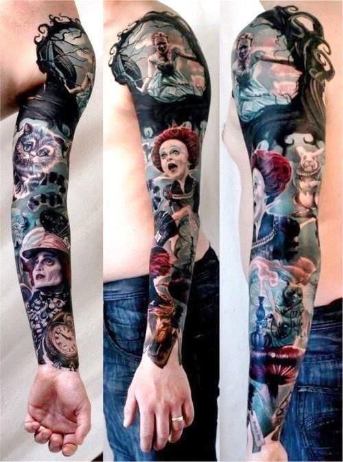 Tim Burtons Alice in Wonderland full color cinematic collage sleeve (arm) tattoo