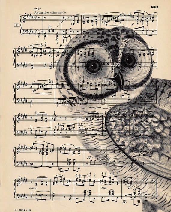 Upcycled Book Print Vintage Art Print Owl Peeper Music Sheet
