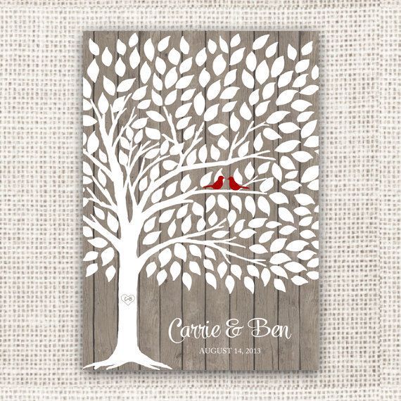 Wedding Guest Book Tree on Wood Background – Guest Book Poster with 175 Leaves –