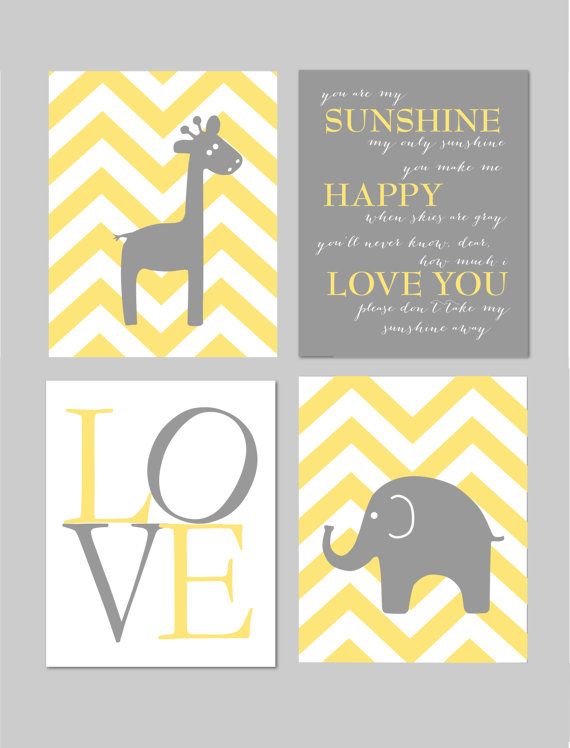 Yellow and Gray Nursery You Are My Sunshine Elephant Giraffe Love Chevron Prints