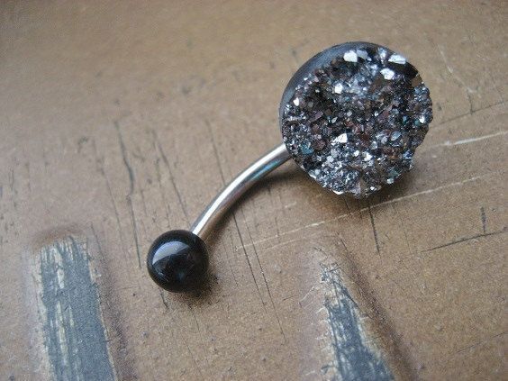 Belly Button Jewelry- Grey Druzy Crystal Pyrite Cluster Navel Piercing Ring Stud