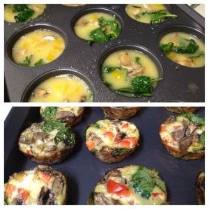Eggs, mushrooms, bell peppers, and spinach baked naked in a muffin tin. [Made th