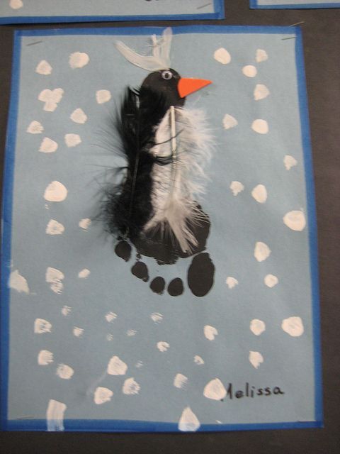 Footprint penguin craft  {need black and white feathers, too} – could just use c