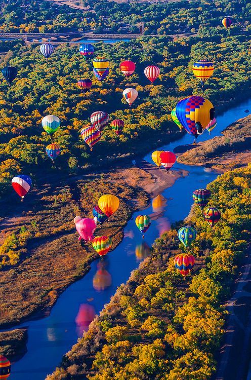 Hot air balloons flying low over the Rio Grande River just after sunrise, Albuqu