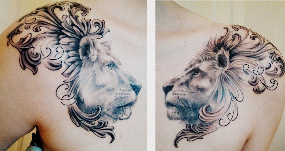 Lion and lioness chest piece. done by Matt Cowell at House of Tattoo in Tacoma,