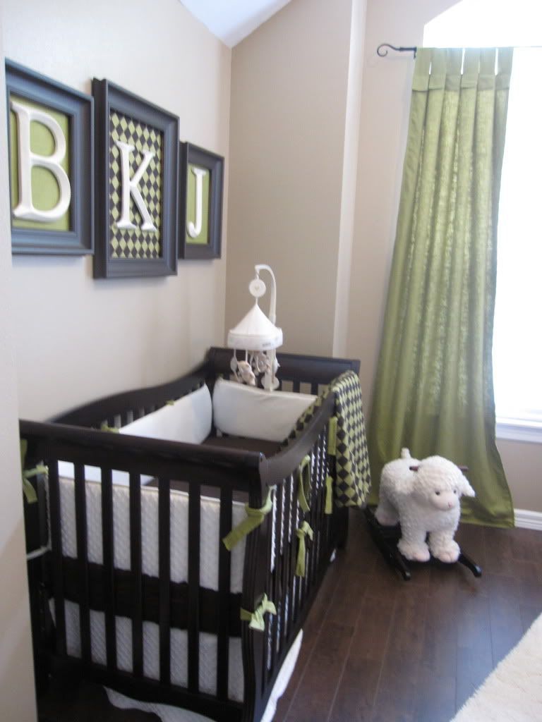 Love the  initials in the frames covered with ffabric that matches crib bedding/