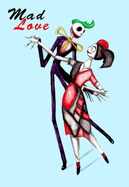 Mad Love Harley Quinn Joker Jack And Sally Pen & Ink Acrylic Watercolor Print on