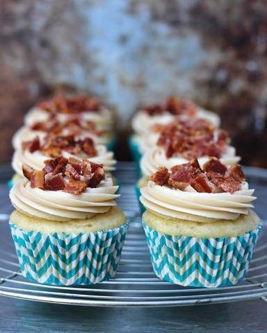 Maple Bacon Cupcakes: Vanilla Nutmeg Cupcakes with Maple Buttercream icing toppe