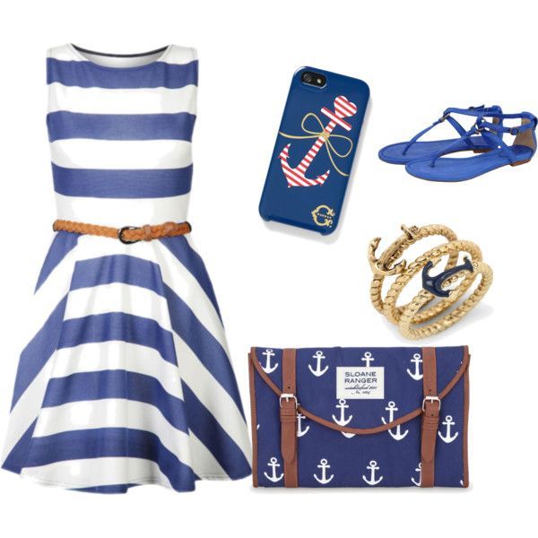 Nautical Anchor Purse & Silver Anchor Ring.  Nautical Blue & White Striped Dress