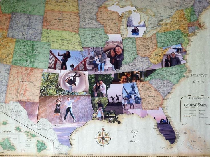 photos from each state visited, glued onto a giant map and cut to fit the shape