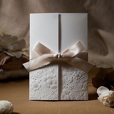 Pretty Ivory Tri-Fold Birds & Butterflies Embossed Vertical Wedding Invitations,