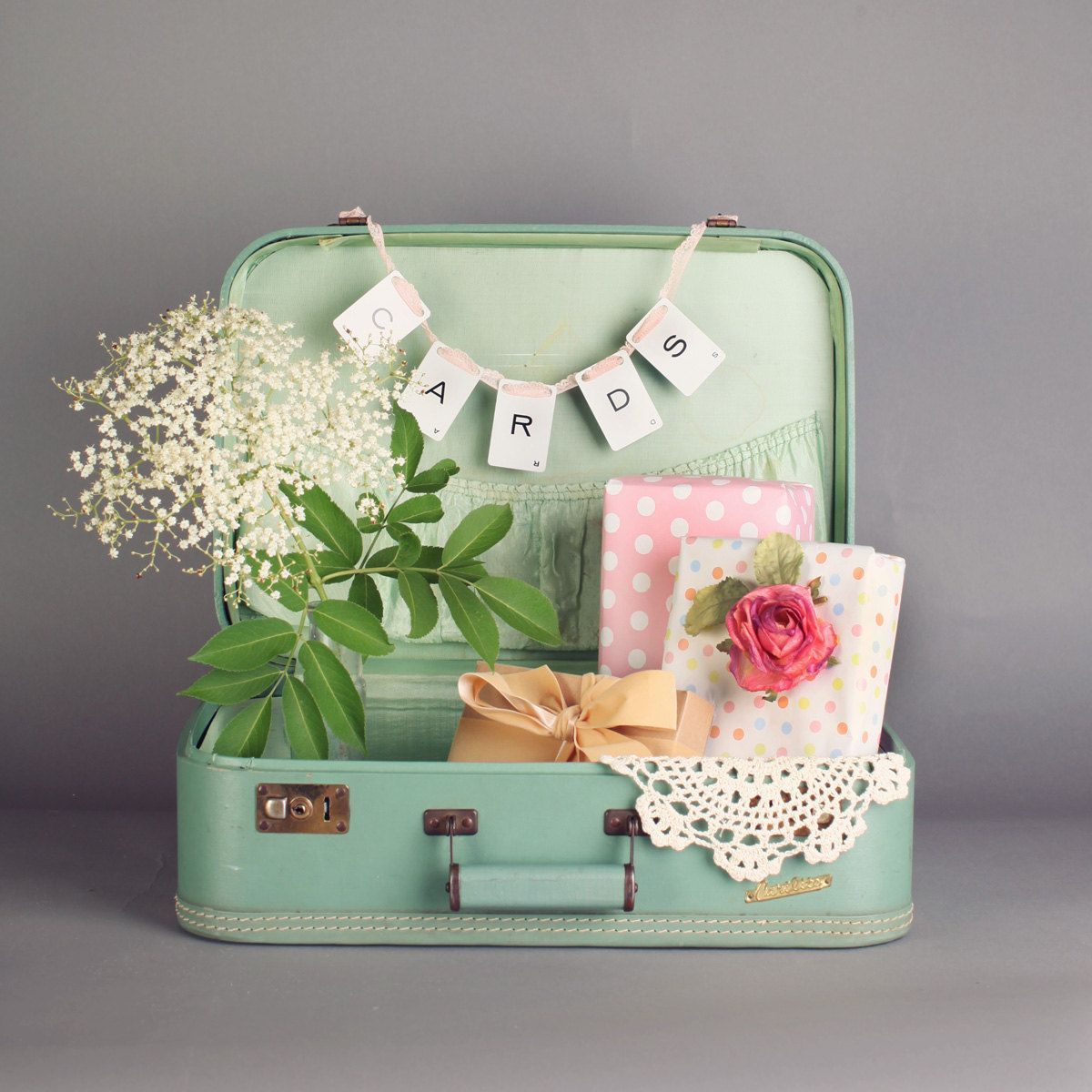 Sage green suitcase, wedding card box, photography prop. $54.99, via Etsy.