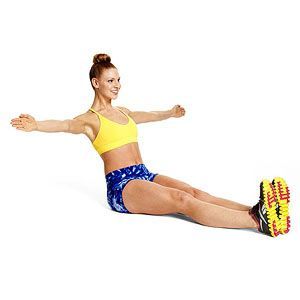 Sprinkler  Targets back, abs, and obliques  Sit on floor with legs extended, thi