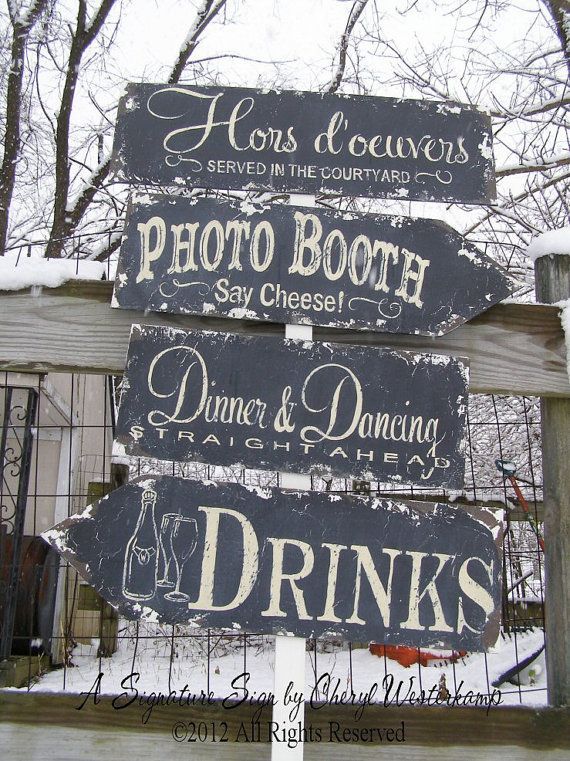 Vintage WEDDING SIGN PACKAGE, 4 Signs, 5 Foot Stake Included, Shabby Chic Weddin