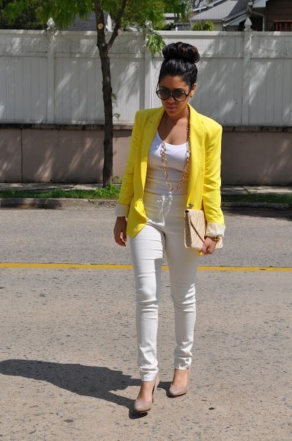 white pants & yellow blazer