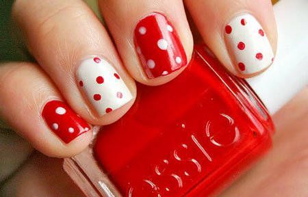 alternating red and white polka dot nails
