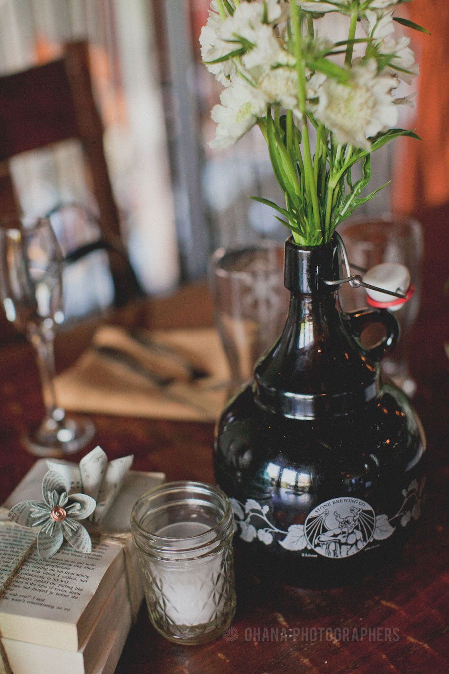 beer growler centerpieces at Stone Brewery diy wedding in San Diego by Ohana Pho