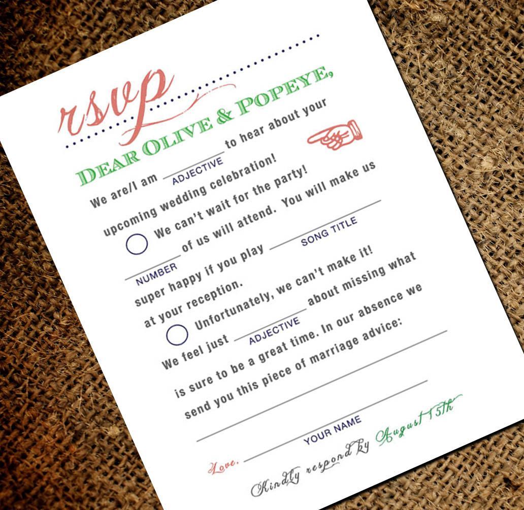 Mad Libs Inspired Vintage Wedding RSVP Postcard – Double Sided Respond Card (fro