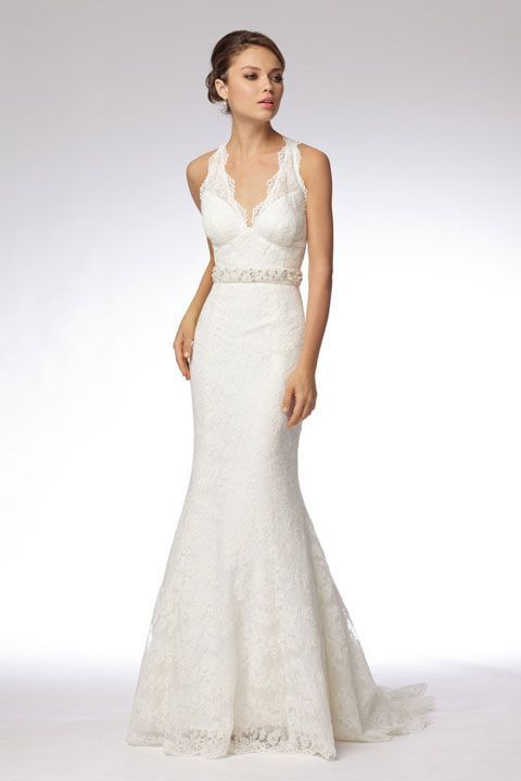 Modern v-neck empire waist lace wedding dress