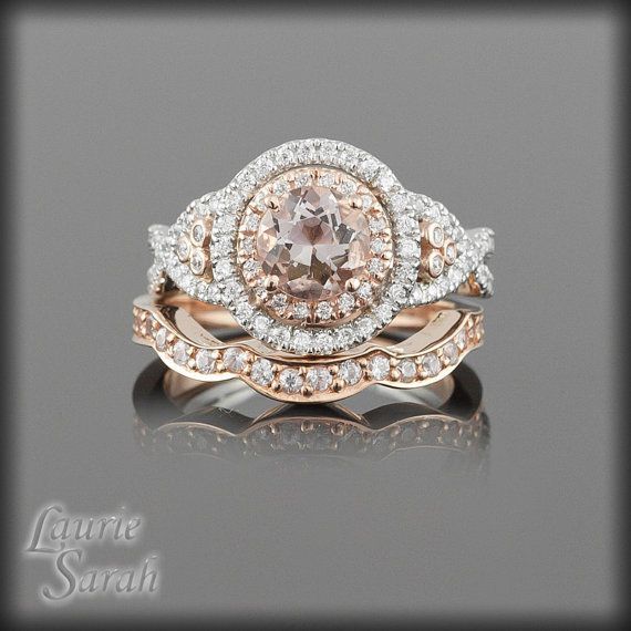 Morganite Rose Gold Engagement Ring and Wedding Band Set with Diamond Double Hal