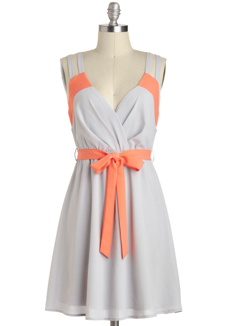 Pop of Coral Dress – Grey, Orange, Belted, Chiffon, Mid-length, Solid, Casual, A