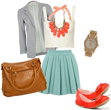 Style a bustier and skirt with pops of color, with coral flats and a statement n