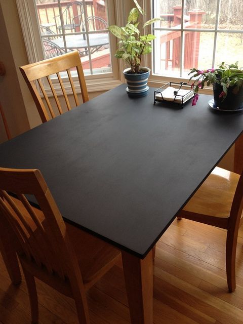 Chalk board painted kitchen table. This would be a good idea for a kid’s craft t