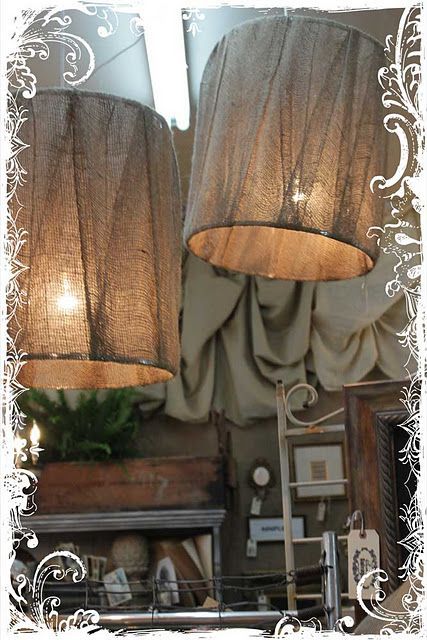 burlap lamp shades, would be cute with some kind of stencil on it and in my livi