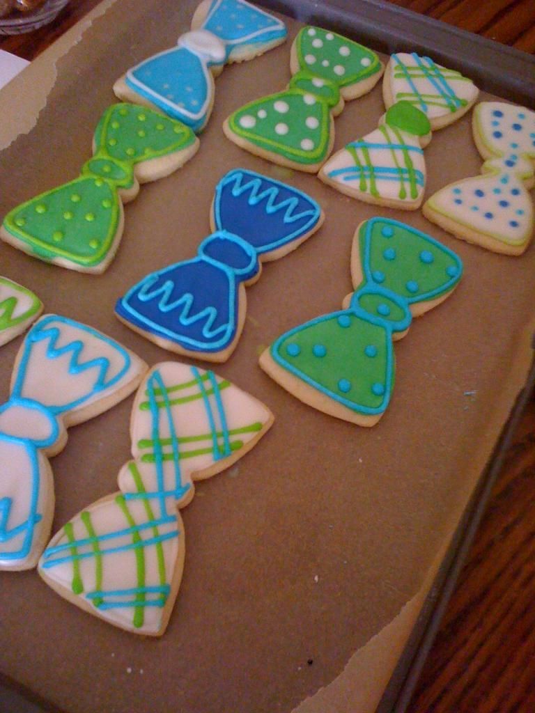 plaid, chevron, and polka dot bow tie cookies i made for a baby boy shower